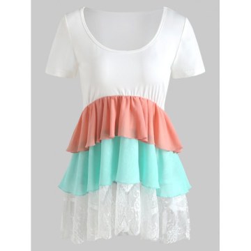 Short Sleeve Three Tones Swingy Top - White