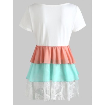 Short Sleeve Three Tones Swingy Top - White