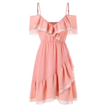 Shoulder Cut Falbala Brim Chiffon Dress - Orange Pink