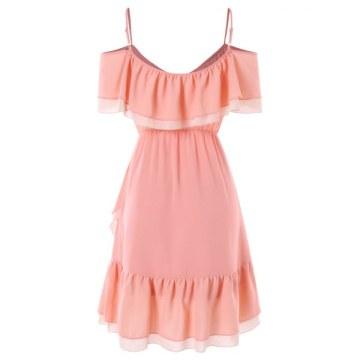 Shoulder Cut Falbala Brim Chiffon Dress - Orange Pink
