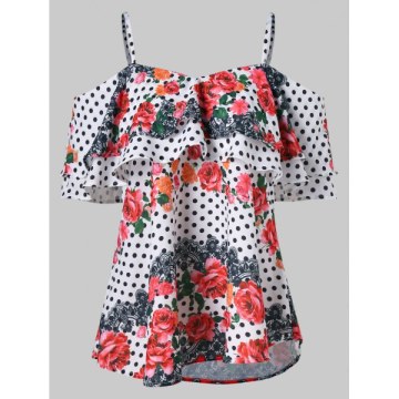 Shoulder Cut Flounce Trim Printed Blouse -