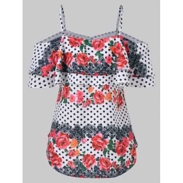 Shoulder Cut Flounce Trim Printed Blouse -