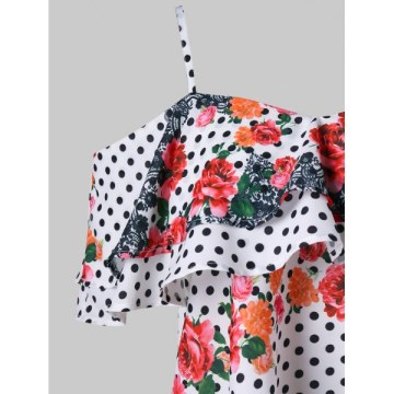 Shoulder Cut Flounce Trim Printed Blouse -