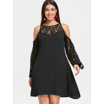 houlder Cut Full Lace leeve Dress - Black
