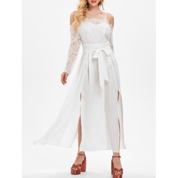Shoulder Cut ace Sleeve ong Dress - White