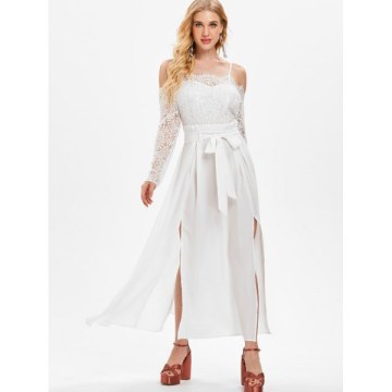 Shoulder Cut ace Sleeve ong Dress - White
