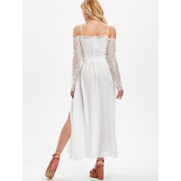 Shoulder Cut ace Sleeve ong Dress - White