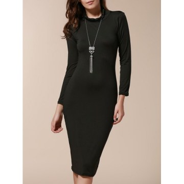 Simple Turtle Neck Long Sleeve Slimming Solid Color Women's Dress - Black