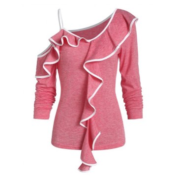 Skew Collar Two Tone Flounce T Shirt - Pink Rose