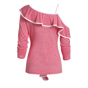 Skew Collar Two Tone Flounce T Shirt - Pink Rose