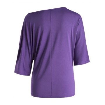 Skew Neck Sequined Three Quarter Sleeves Tee - Purple