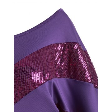 Skew Neck Sequined Three Quarter Sleeves Tee - Purple