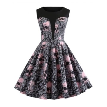 Skull and Floral Print Vintage A Line Dress - Black