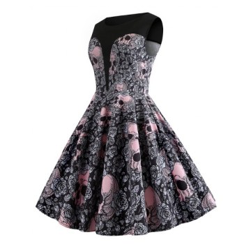 Skull and Floral Print Vintage A Line Dress - Black