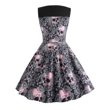Skull and Floral Print Vintage A Line Dress - Black