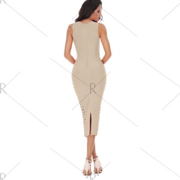 Sleeveless Hollow Out Slit Bandage Dress - Apricot