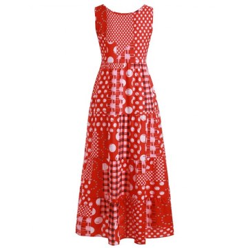 leeveless Polka Dot Flounce Maxi Dress - Red