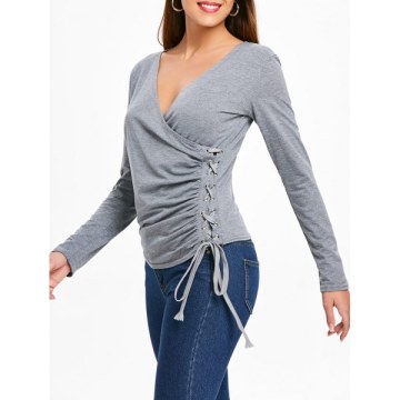 Slim Fit Criss Cross Ruched Top - Gray
