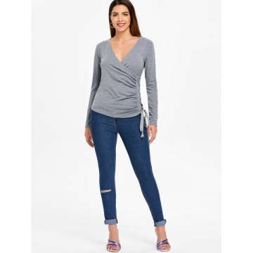 Slim Fit Criss Cross Ruched Top - Gray