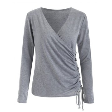 Slim Fit Criss Cross Ruched Top - Gray