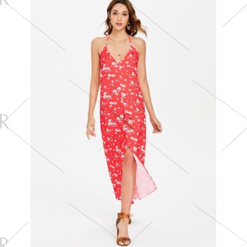 Slit Floral Print Maxi Dress - Fire Engine Red