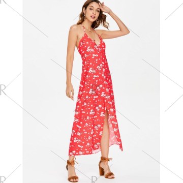 Slit Floral Print Maxi Dress - Fire Engine Red