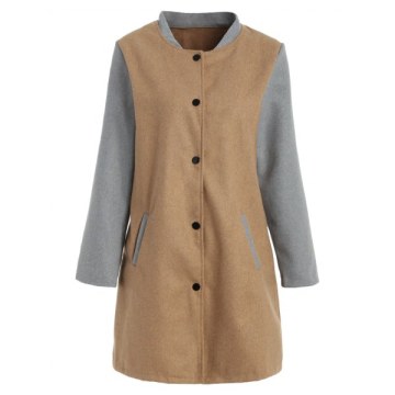 Snap-button Two Tone Wool Blend Coat - Tan