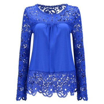 Solid Color Lace Spliced Hollow Out Blouse - Deep Blue