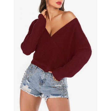 Solid Color Loose Surplice Sweater - Red Wine