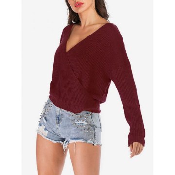 Solid Color Loose Surplice Sweater - Red Wine