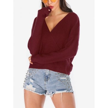 Solid Color Loose Surplice Sweater - Red Wine