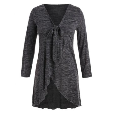 Space Dye V Neck Longline T-shirt - Gray