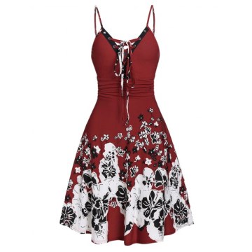 Spaghetti Strap Ditsy Print Ruched Dress - Red Wine