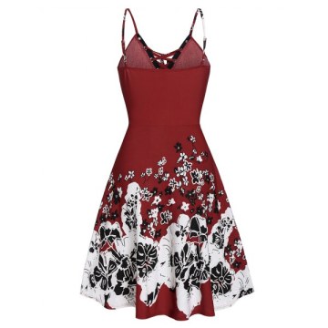 Spaghetti Strap Ditsy Print Ruched Dress - Red Wine