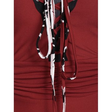 Spaghetti Strap Ditsy Print Ruched Dress - Red Wine