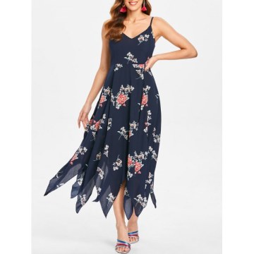 Spaghetti Strap Long Print Dress - Dark Slate Blue