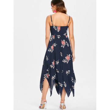 Spaghetti Strap Long Print Dress - Dark Slate Blue