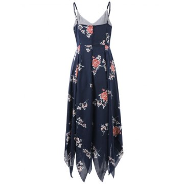 Spaghetti Strap Long Print Dress - Dark Slate Blue