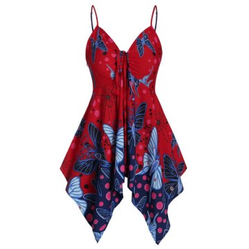 Spaghetti Strap Tie Butterfly Print Tank Top - Lava Red