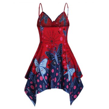 Spaghetti Strap Tie Butterfly Print Tank Top - Lava Red