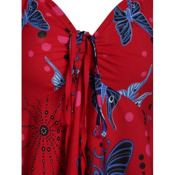 Spaghetti Strap Tie Butterfly Print Tank Top - Lava Red