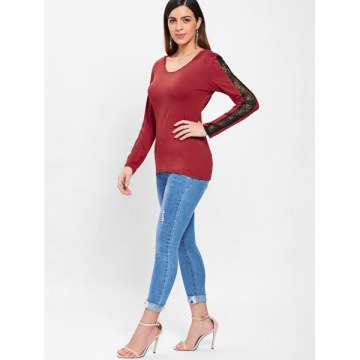 Spider Lace Panel Sleeve Halloween Hooded T-shirt - Red