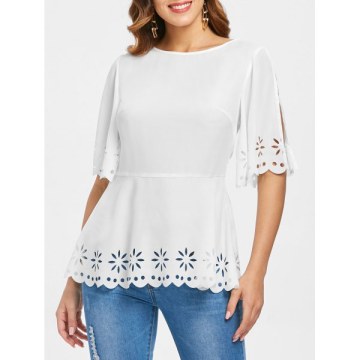 Split Sleeve Laser Cut Blouse - White