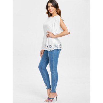 Split Sleeve Laser Cut Blouse - White