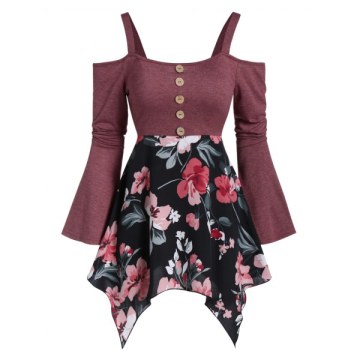 Square Collar Open Shoulder Marled T Shirt - Red Wine