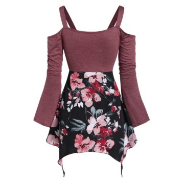 Square Collar Open Shoulder Marled T Shirt - Red Wine