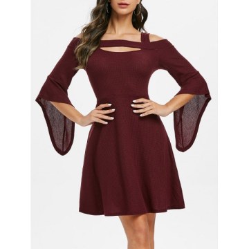 Square Collar Solid Open Shoulder Fit And Flare Dress - Red Wine