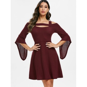 Square Collar Solid Open Shoulder Fit And Flare Dress - Red Wine