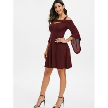 Square Collar Solid Open Shoulder Fit And Flare Dress - Red Wine