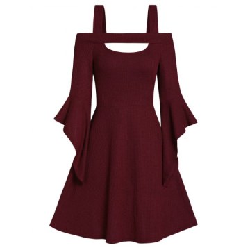Square Collar Solid Open Shoulder Fit And Flare Dress - Red Wine